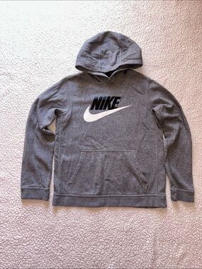Nike Gray Pullover Hoodie with White Swoosh and Black NIKE Text